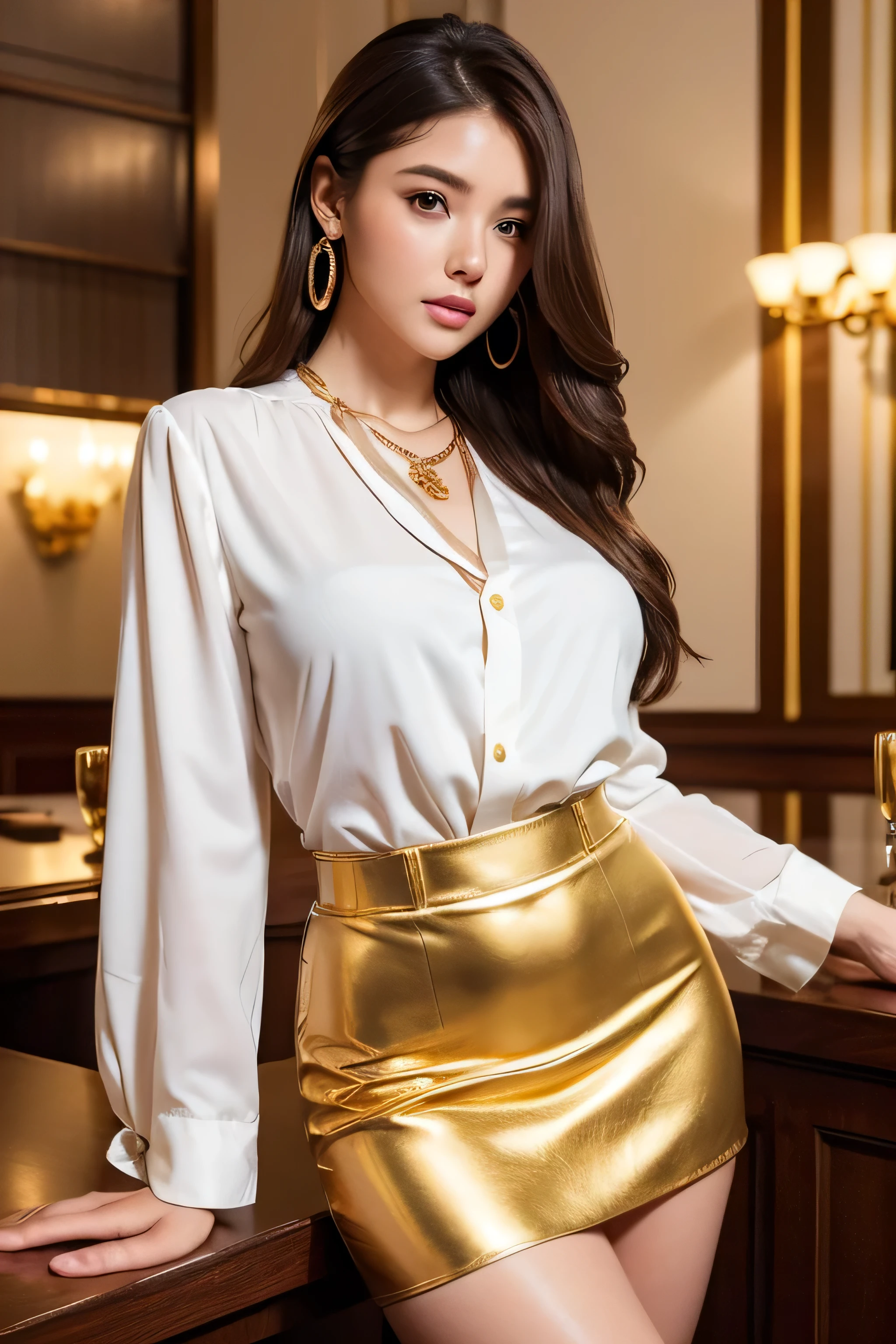 Intricate details. from the front, Complex beauty, Exquisite Jewelry, Intricate details, masterpiece, 最high quality, high quality, High resolution, Beautiful Face、(Realistic Face)、Realistic eyes、美しいDetailed eyes、Realistic Skin、Beautiful Skin、Ultra-realistic、Very detailed、Beautiful lighting、Sharp focus、Various poses、超Detailed face、Detailed eyes、Increased hair growth、Brown Hair、Long Hair、Beautiful hairstyle、Detailed face、in italian restaurant、Office worker suit、Gold Necklace、Gold earrings、White blouse、Red mini skirt、Black high heels、Standing Elegantly、