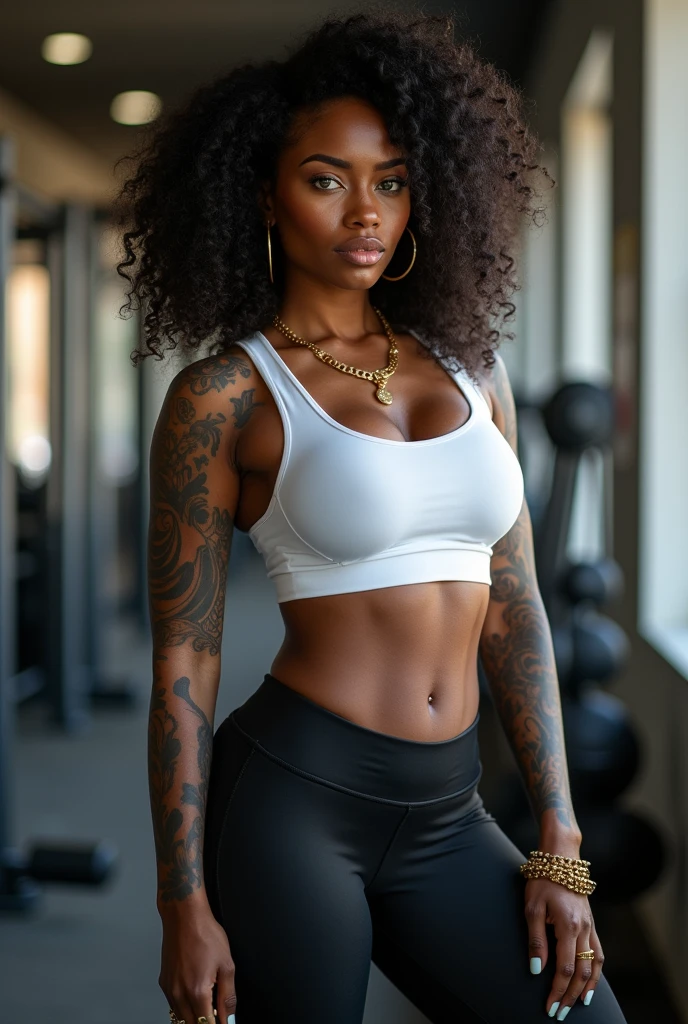 realistic photo, hot woman, skin black, curly black hair, greeneyes, fleshy lips, big silicone breasts, Waist slender, thick-thighs, white nails, gold hoop earrings, golden necklace, golden bracelet, golden ring, tattoo on arm, back tattoo, white gym shirt, black gym pants, in gym, standing, standing backwards