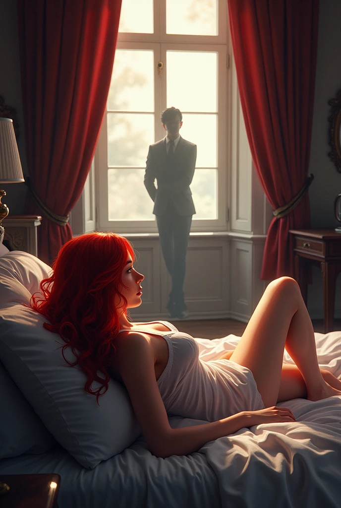 Red-haired girl lying on a bed in a beautiful room, looking towards the window where the silhouette of a man is lying against the window.