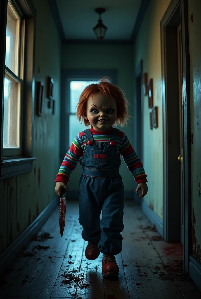 A creepy doll Chucky walking down the hallway of a house, holding a bloody knife, grinning menacingly, hallway with open windows, small framed pictures on the wall, nighttime setting, high detail, realistic, 8k, dark horror atmosphere, sinister, photorealistic, cinematic lighting