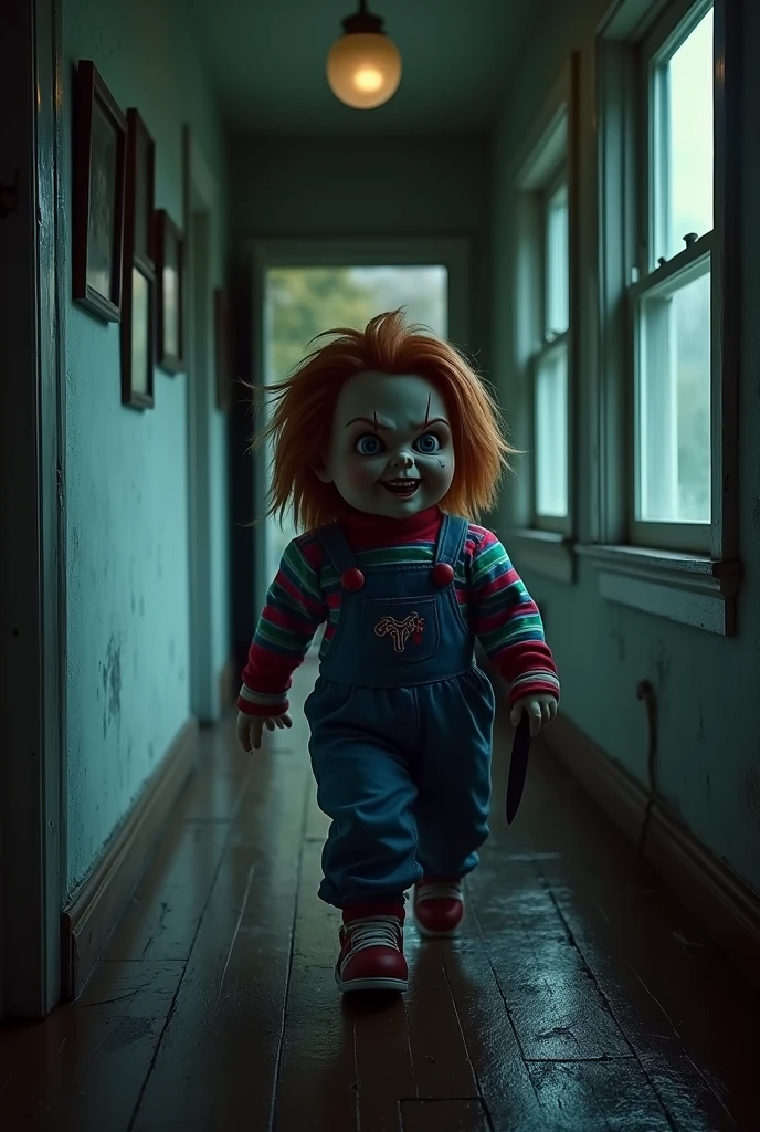 A creepy doll Chucky walking down the hallway of a house, holding a bloody knife, grinning menacingly, hallway with open windows, small framed pictures on the wall, nighttime setting, high detail, realistic, 8k, dark horror atmosphere, sinister, photorealistic, cinematic lighting