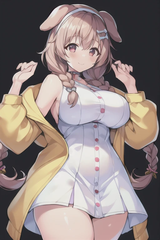 1girl, Korone, smile, dog ears, twin braids, sidelocks, hair ornament, ((white dress)), jacket, yellow jacket, jacket, open clothes, open jacket, dress, short dress, sleeveless dress, huge breasts, wide hips, thick thighs, tall, tall female, mature female, bandana, scarf, hourglass figure, standing,