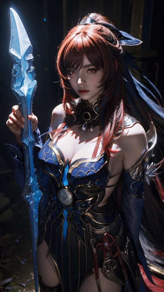 （best quality,masterpiece,Ultra-high resolution,photoactual:4：0),In the ruined castle,beauty,Elegant temperament,an oriental woman,25 years old,8k,Long flowing red hair,Devil's Horn,Big breasts,cleavage,,Wearing red lolita style,Magic Effects,steel sword,Black light on the sword,,Sword Runes