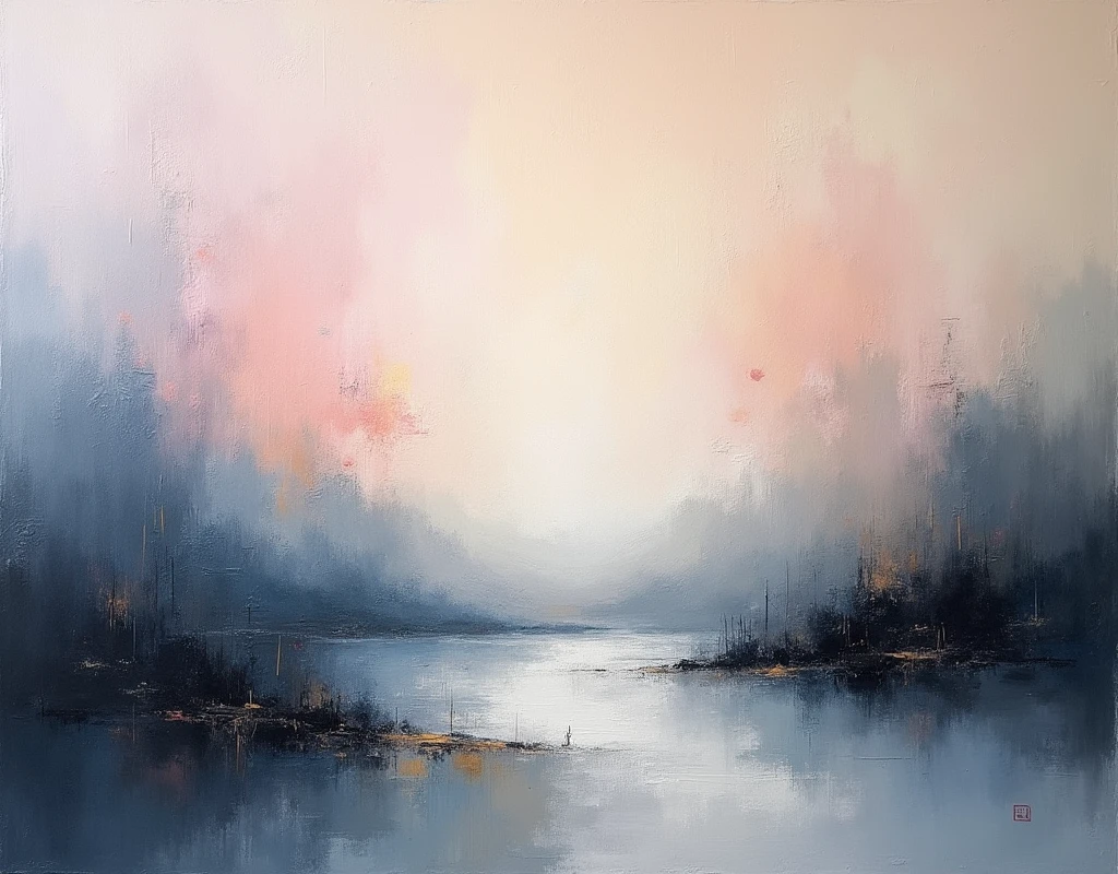 Create a plain canvas, evocative background using the expressive and textured brushstrokes abstract Use a muted color palette with subtle variations in tone to create depth and visual interest. Focus on the tactile quality of the oil paint, incorporating gentle gradients and soft transitions between colors. Allow the brushstrokes to remain visible, adding a sense of raw emotion and intimacy to the background. a thick textured oil painting, impasto brushstrokes, dry brushing,revealing underlayers, abstract landscape, moody lighting, dramatic shadows, muted earthy colors, vibrant colors, highly detailed, masterpiece, using a palette of light pink, muted blue, dark grayish blue, bright blue, very dark gray, and light grayish blue