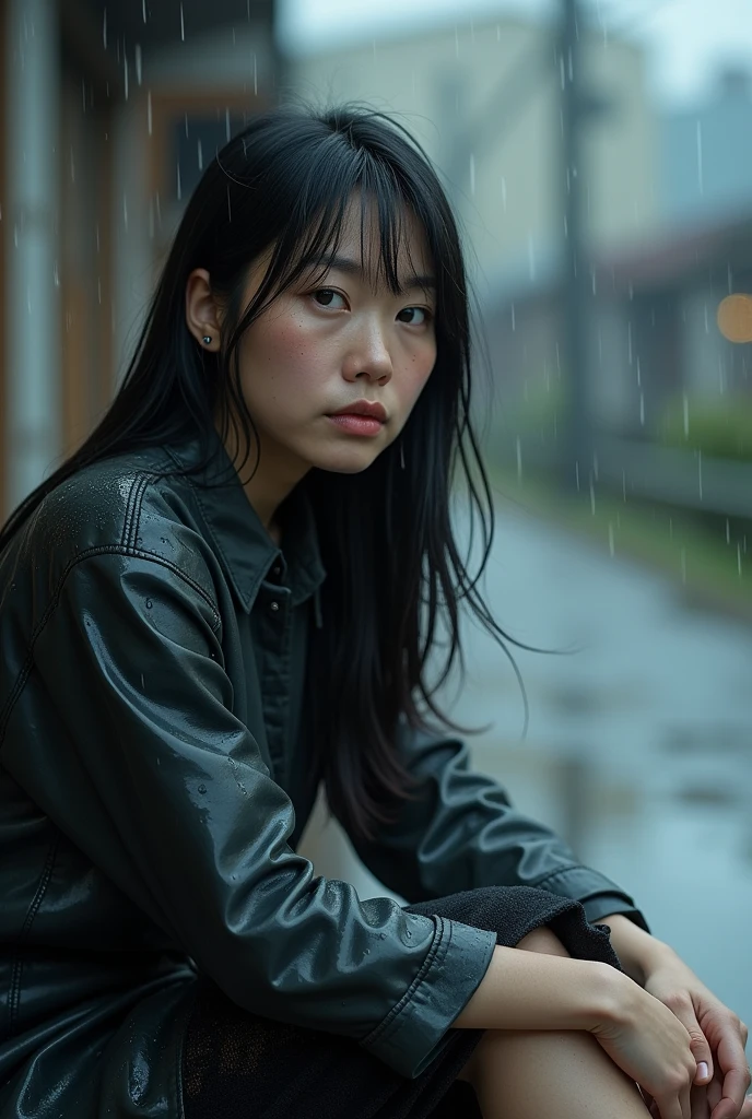 (photorealism:1.2), Japanese woman, 40 years old, a little fat woman, not looking at camera, some spots on the face, not putting on make-up, sitting in the rain, wearing wet dress and skirt and Dr.Martens ancle boots, black long straight, outdoors, soft lighting, relaxed pose, realistic, intricate details, cool colors, some distance from Camera