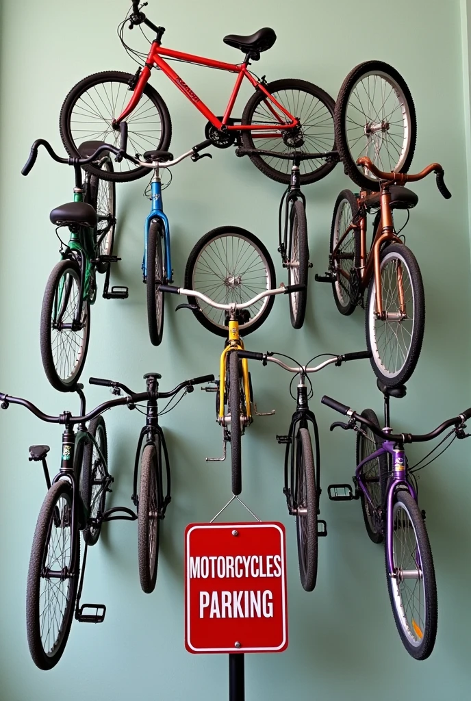 photo of bicycles hanging on the wall. with a sign at the bottom that says MOTORCYCLES PARKING