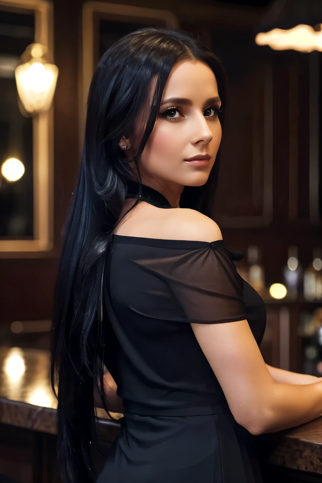 1 woman, long black hair, beautiful detailed eyes, beautiful detailed lips, extremely detailed face, longeyelashes, elegant black dress, confident pose, bartender, upscale gentleman's club interior, dimly lit, (best quality,4k,8k,highres,masterpiece:1.2),ultra-detailed,(realistic,photorealistic,photo-realistic:1.37),chiaroscuro lighting,dramatic lighting,cinematic,moody atmosphere