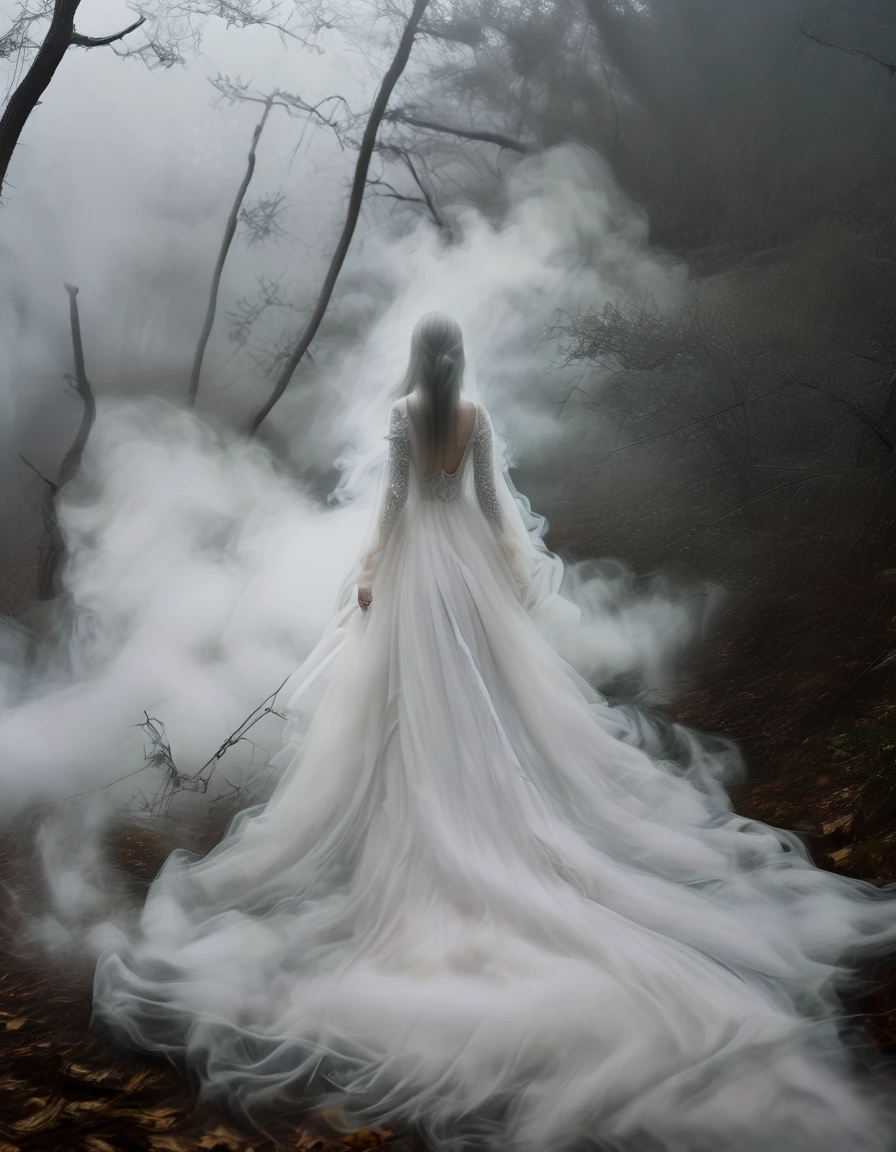 dress made of fog:1.2, msfg, fog, walkwoman:1.2, in the woods, fog background, high detailed, high quality, masterpiece, depth of field, full body shot, high resolution, 32k, dramatically over flown long and flowing white fog dress, silver long straight fog hair, 