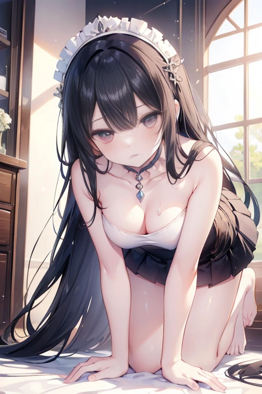 (Highest quality)), ((masterpiece)), (detailed), One Woman,のBeautiful woman,Very sexy,Baby Face,young woman,She has a large chest size.,
Beautiful woman,Beautiful Face,Big eyes,Beautiful Eyes,Beautiful double eyelids,Beautiful teeth alignment,Beautiful body lines,Slender body,Beautiful Hands,Beautiful feet,Long hands,Long legs,Long and supple hair,Shiny Hair,Black Hair,Full Body Shot,Embarrassed expression,blush,Mouth half open,From below,Beautiful shoulders,Beautiful clavicle、Looking down on a woman,Woman on all fours,(Sweat),((Steam 1.4)),Embarrassed expression,blush,Woman humiliated,White T-shirt,Not wearing a bra,(((Valley 1.7))),mini skirt,White panties,