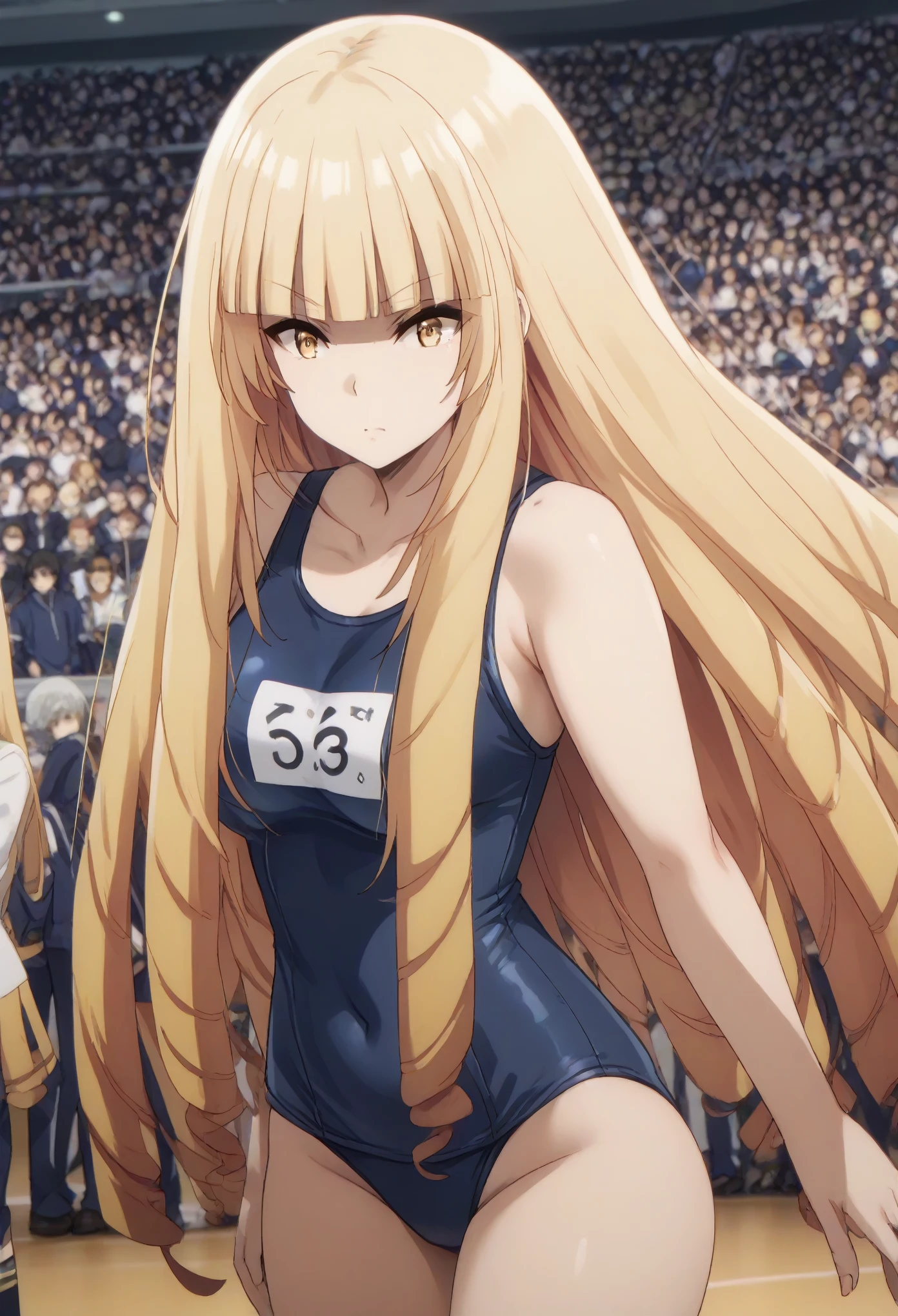 best quality, oriana rose, long hair, blonde hair, yellow eyes, drill hair, bangs, blunt bangs,school swimsuit,clavage,large breast