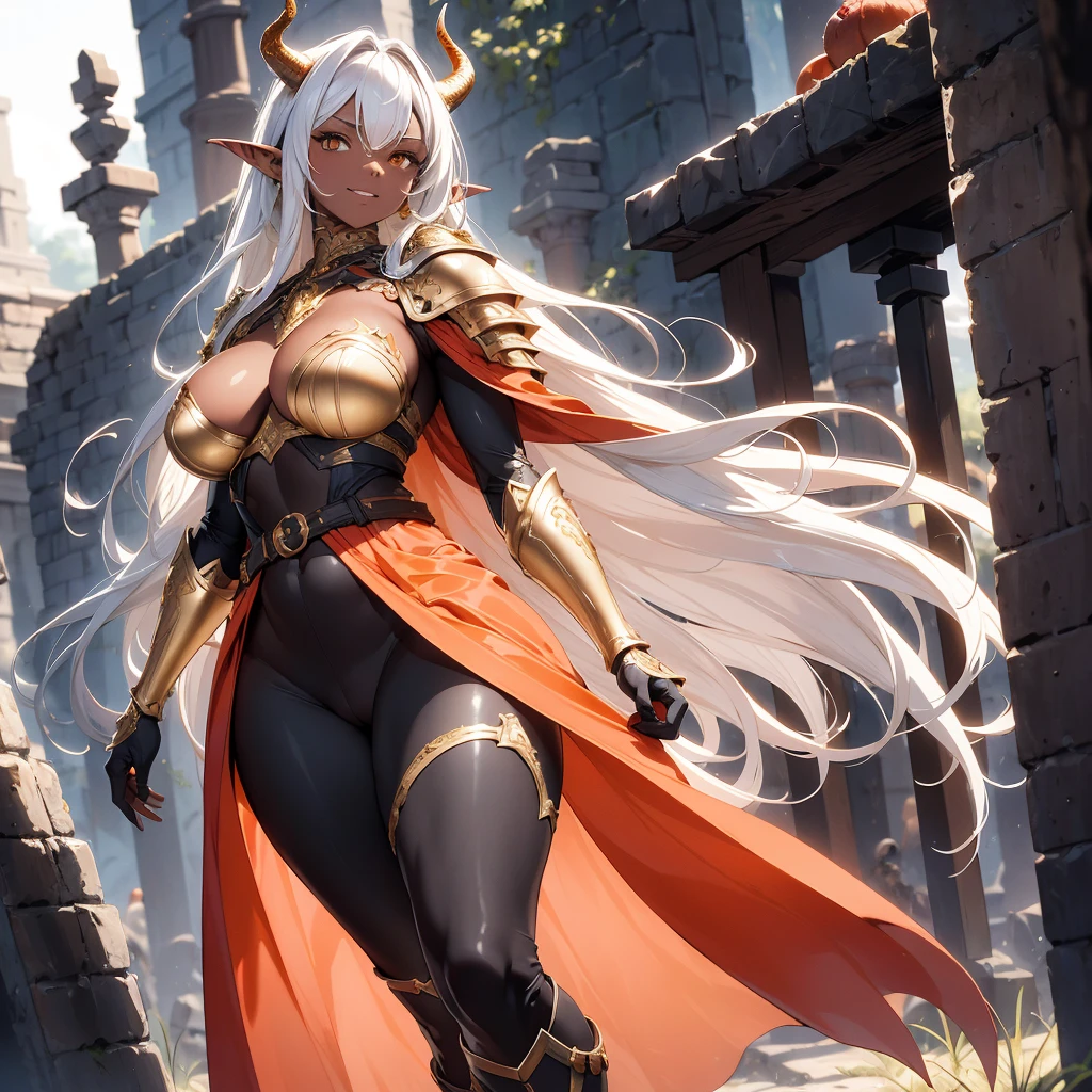 ((best quality)), ((masterpiece)), (detailed), 1 women dark knight armor, 8k_wallpaper, extremely detailed eyes, (large masterpiece digital art), (intricate details:1.3 ), (ultra-detailed:1.3), (sharp focus:1.3), (natural lighting:1.05), (vivid colors:1.3), (best quality:1.4), expressive eyes, full body, detailed face, beautiful face, perfect face, ((hair sandy white curls)), ((gold horns)), (gold eyes), {{dark skin}}, ({dark skinned female}), big breasts, huge chest, mid-range pelvis and big ass, cruel predatory and cold-blooded arrogant look and smile, an open red coat with rolled up sleeves, an open coat with rolled up sleeves, steel heavy knight armor through the fabric the clear outlines of large pointed nipples are visible, a wide orange belt lowered lower with large gold yarn, leather pants with steel thigh guards clear outline of pussy, leather gloves, steel gold bracers and shoulder pads, dark silver chain mail oversleeves, a medieval marching backpack, walking along the path against the backdrop of the elven ruins of the city and colorful blooming flowers,