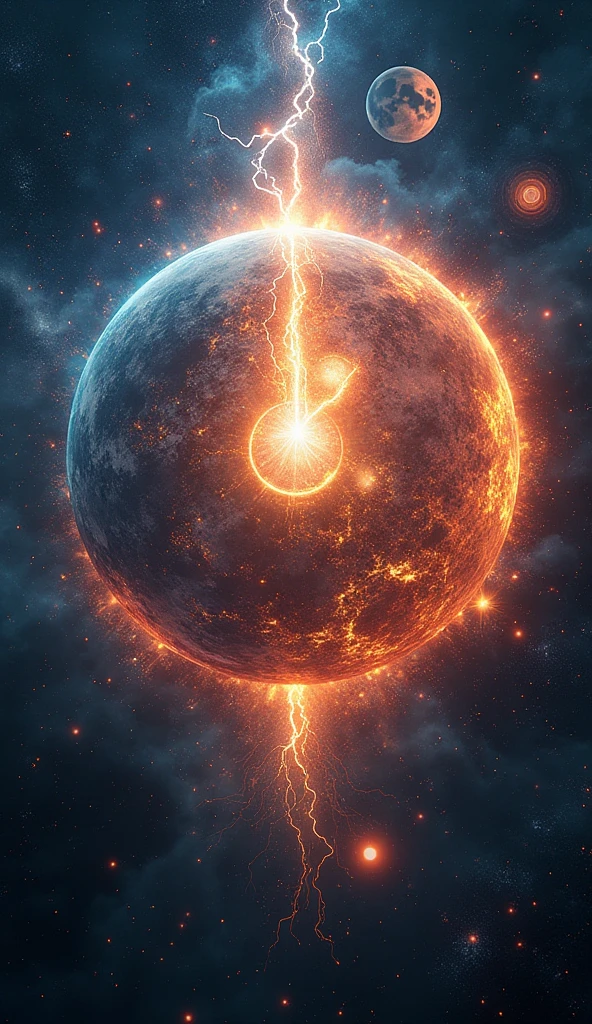 mythological Logo title word "FASDER WORLD", blast, thunder, universe, galaxy, burning planets, realistic, 8k ultra HD, falling stars, moon, sun, crystal clear, 3D, mythology, Sci-Fi, creatures, Storm, Fire, Wintet, Summer, globe, apocalypse
