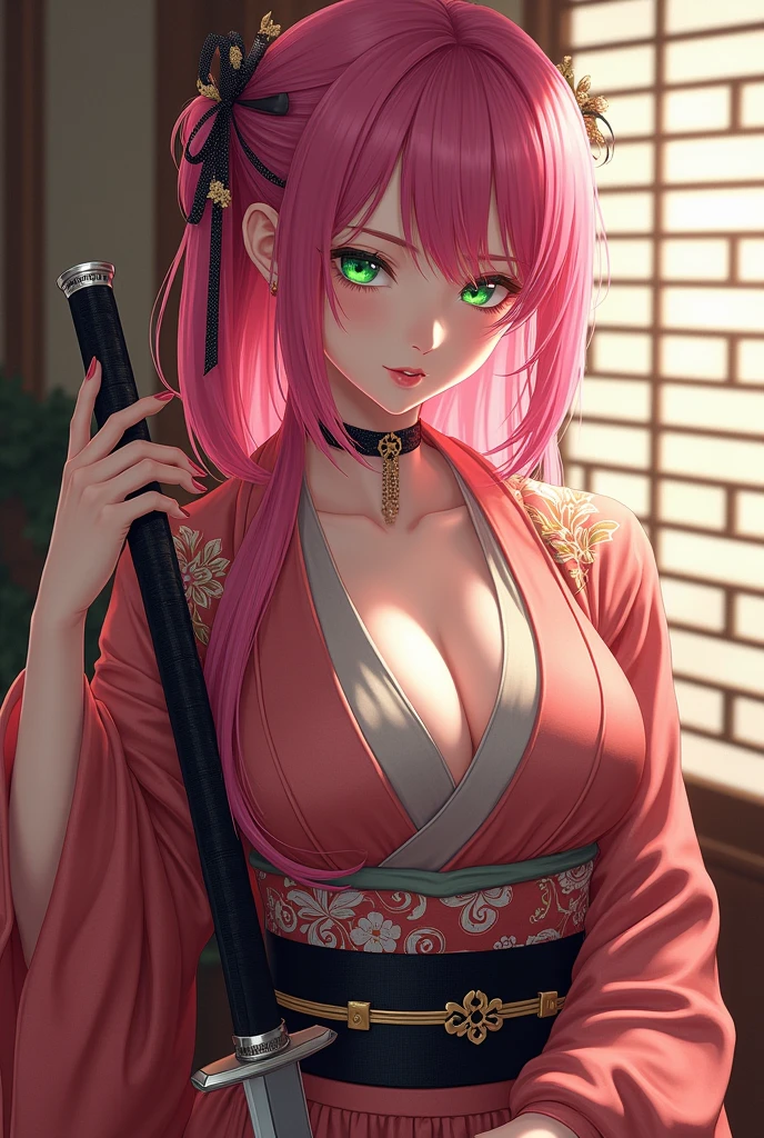 A Japanese girl wearing a kimono, with huge breasts in a cleavage, pink hair, greeneyes, inside a medieval Japanese house, therefore a katana