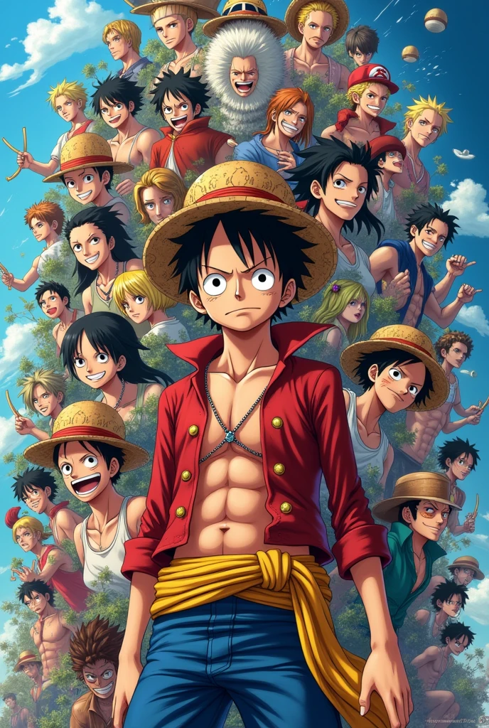 luffy, multiple Luftys, hundreds of Luffy in different forms, multi verse of Luffy Luffy future, Luffy passado, Luffy completo na tela