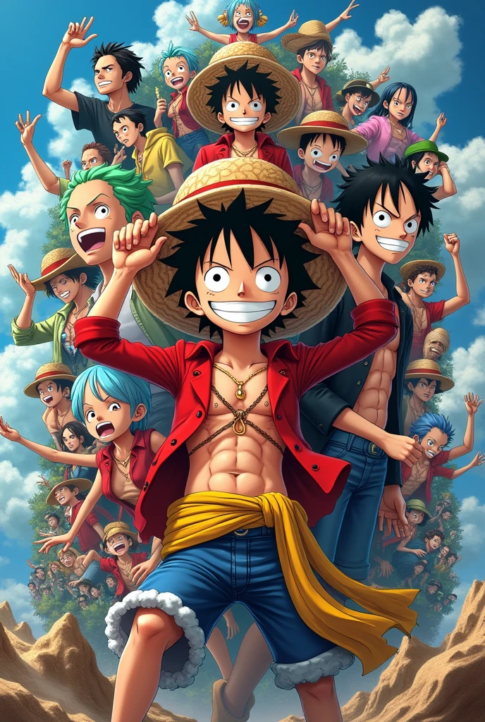 luffy, multiple Luftys, hundreds of Luffy in different forms, multi verse of Luffy Luffy future, Luffy passado, Luffy completo na tela