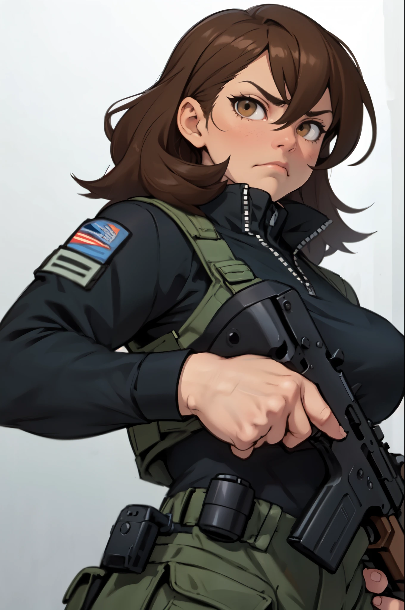 brown hair hazel eyes solo muscular girl toned body perky breasts empty eyes frown thick pale skin shooting range weapon gun firearm tactical gear shooting range weapon gun firearm tactical gear shooting range weapon gun firearm tactical gear