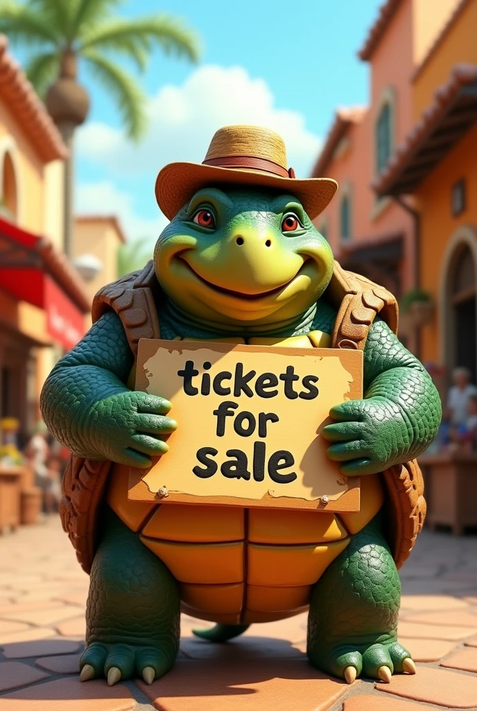 Very fat turtle , with a cap and a sign that says , tickets for sale , In Spanish language