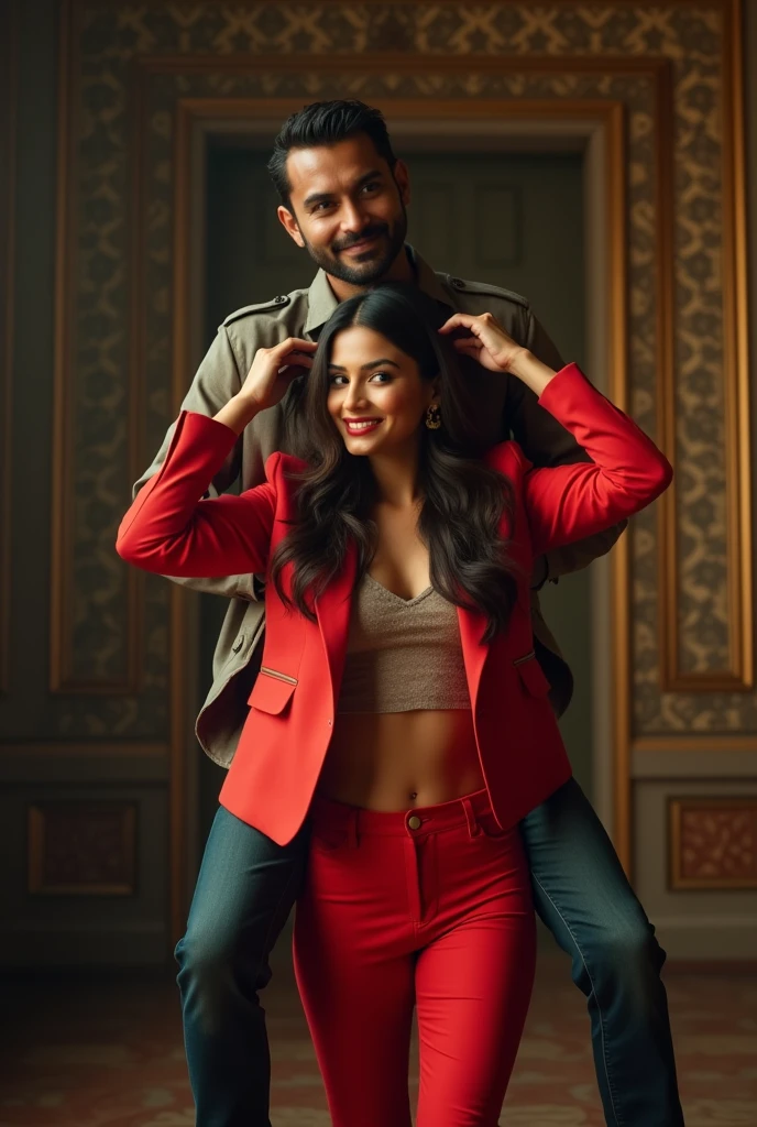 Create a realistic photograph of a smiling and beautiful indian actress in red jacket carrying a large man on her shoulders in a room, man is sitting on top of her shoulders , man on top, woman at bottom