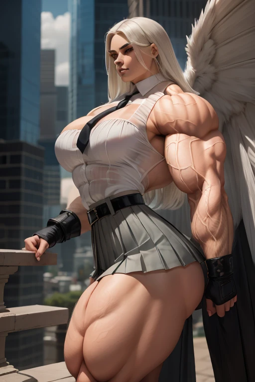 ((Close-up)), tall, (White hair) beautiful muscular woman, long straight hair, light brown skinned, closed smile, (black lipstick), (massive muscles), (hyper muscle), ((ginormous bulky muscles)), blue eyes, (((sleeveless white pleated shirt))), (giant feather wings), (((long black pleated skirt with belt))), fingerless gloves, necktie, thigh highs, on a skyscraper,