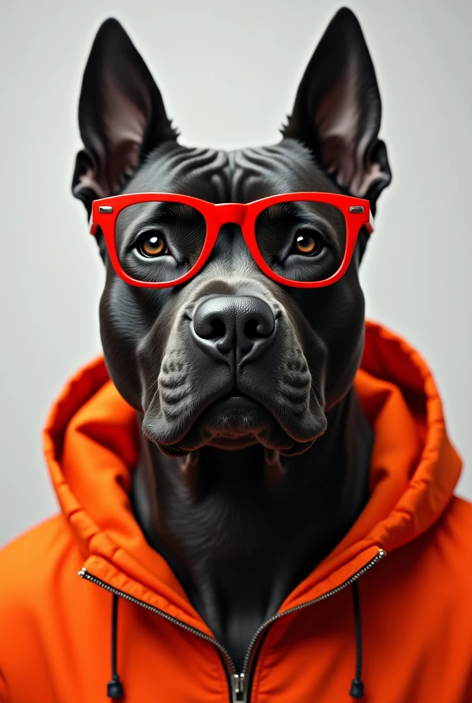 Create a black and white image of a pitbull dog with red glasses in 4k. The dog should have an orange jacket.