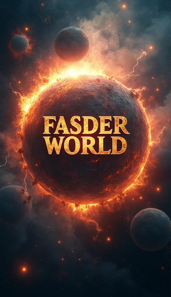 mythological Logo title word "FASDER WORLD", blast, thunder, universe, galaxy, burning planets, realistic, 8k ultra HD, falling stars, moon, sun, crystal clear, 3D, mythology, Sci-Fi, creatures, Storm, Fire, Wintet, Summer, globe, apocalypse