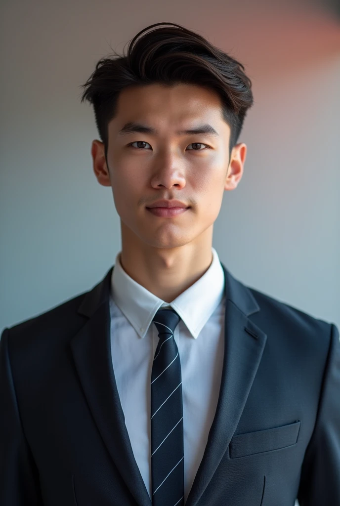 "Create a professional portrait of a 21-year-old male with an oblong face shape. He should be wearing a tailored blazer with a tie, reflecting a sharp and polished look. The background should be light with a subtle blend of low red and blue hues, giving a sophisticated and modern touch to the overall image."