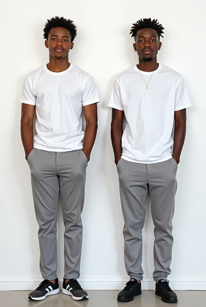 A before and after picture of a 22 years old brown skinned boy who increased his height make him stand in front of a white wall