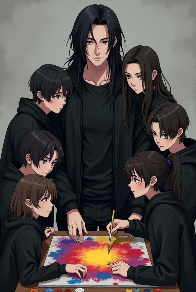 Handsome, realistic, muscular teenager
Tall with long black hair , with black clothes and handsome , beardless
with a sad grayish background environment
with his 4 male friends and 2 female friends painting a colorful canvas , dressed all in black