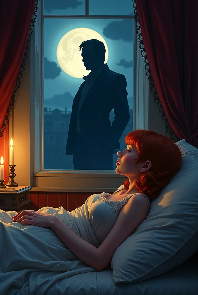 A red-haired girl is lying on a bed in a beautiful room, looking towards the window where the silhouette of a man is leaning against the window at night.