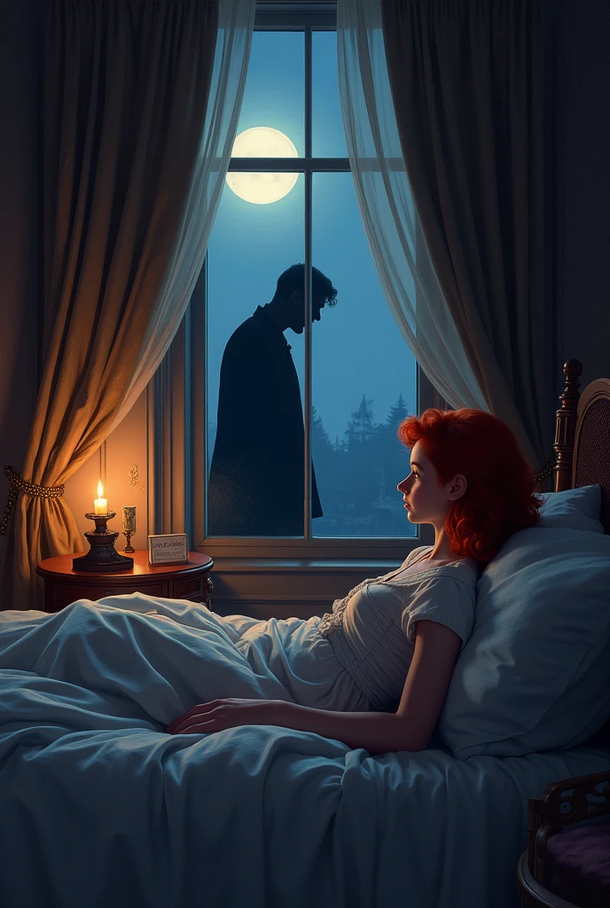 A red-haired girl is lying on a bed in a beautiful room, looking towards the window where the silhouette of a man is leaning against the window at night. 