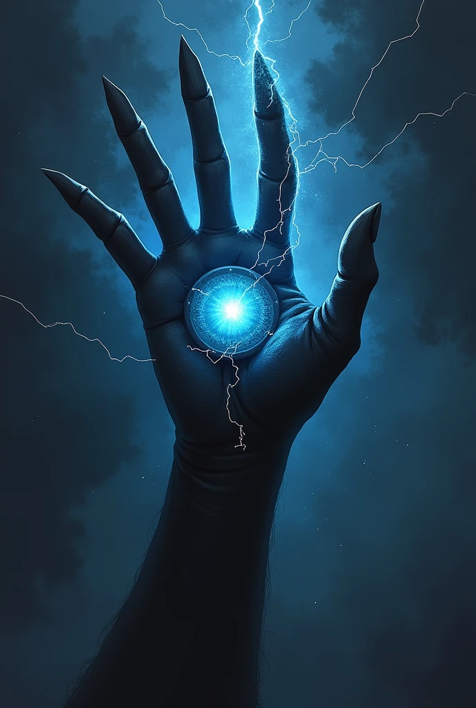 Lovecraftian-style space monster that has the shape of a hand without a wrist (that is to say, only the hand without any other part of the body), with four fingers pointing upwards, black and terrifying in color, floating through space, with a large blue eye in the middle, traversed by electricity.