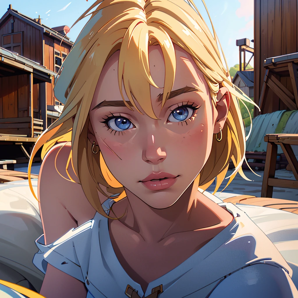 Realistic photo of a beautiful 18 year old m1l3yc, (best quality,ultra-detailed,realistic:1.2),beautiful detailed eyes,beautiful detailed lips,blonde hair,short shirt,bikini,cowboy hat,on a farm,next to a mill,illustration,detailed scenery,soft lighting,vibrant colors