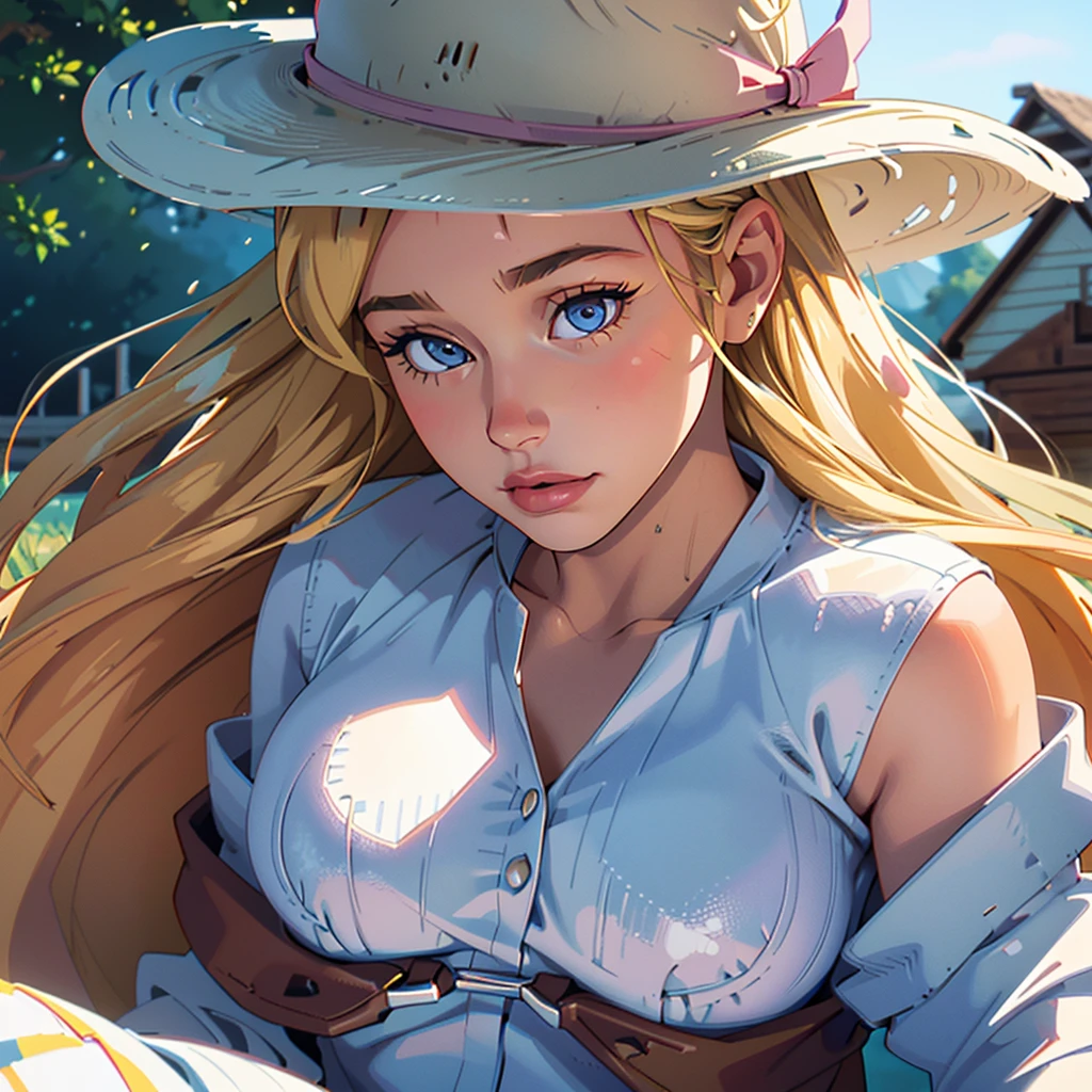 Realistic photo of a beautiful 18 year old m1l3yc, (best quality,ultra-detailed,realistic:1.2),beautiful detailed eyes,beautiful detailed lips,blonde hair,short shirt,bikini,cowboy hat,on a farm,next to a mill,illustration,detailed scenery,soft lighting,vibrant colors