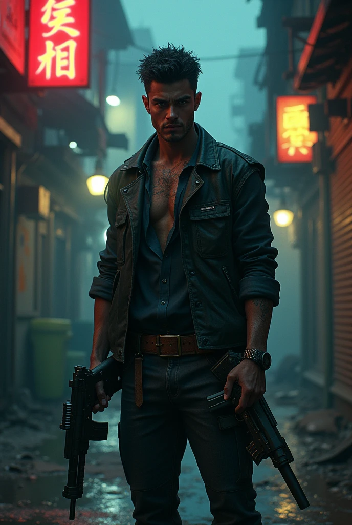 a young man in the criminal underworld with weapons in his hand