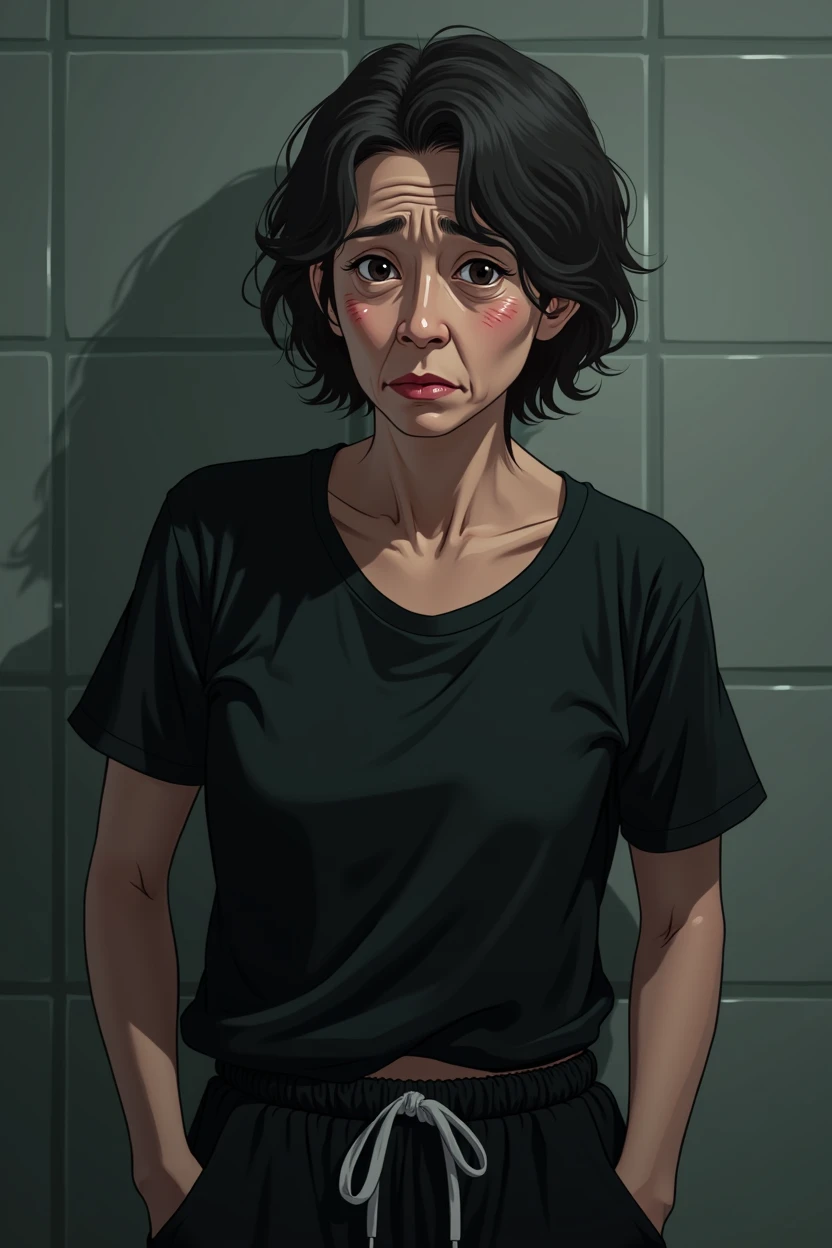 middle aged female patient, black curly hair, ((wrinkles on face)), perfect symmetrical eyes, black pupils, looks miserable due to overuse of medicine, black blouse, black jogging pants, tired emotion, focus on face and torso, transparent background, anime style, masterpiece, best quality