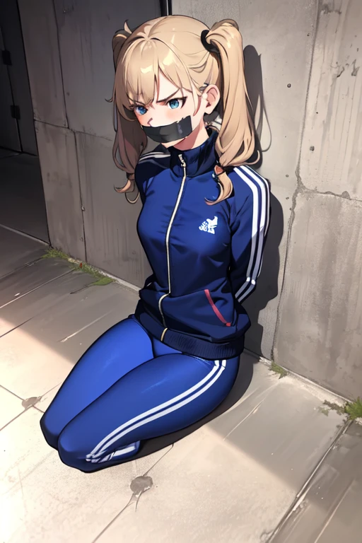 ((1 girl)), ((twin tails)), (sexy),  ((simple_background)), ((concrete floor, concrete wall)), ((underground room)), ((arms behind back)), ((scowl)), ((sitting on the knees)), ((tape gag)),  ((helpless)), ((calm)), ((struggling)), (blue tracksuit,tracksuit,tights pants, long black pants)