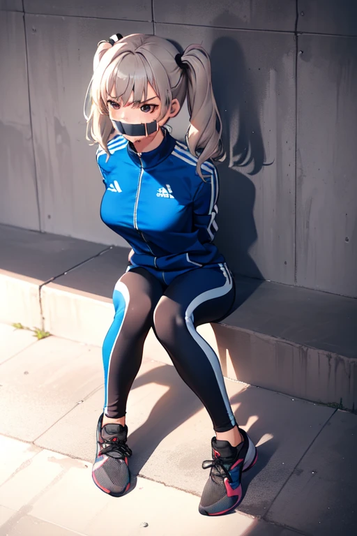 ((1 girl)), ((twin tails)), (sexy),  ((simple_background)), ((concrete floor, concrete wall)), ((underground room)), ((arms behind back)), ((scowl)), ((sitting on the knees)), ((tape gag)),  ((helpless)), ((calm)), ((struggling)), (blue tracksuit,tracksuit,tights pants, long black pants)