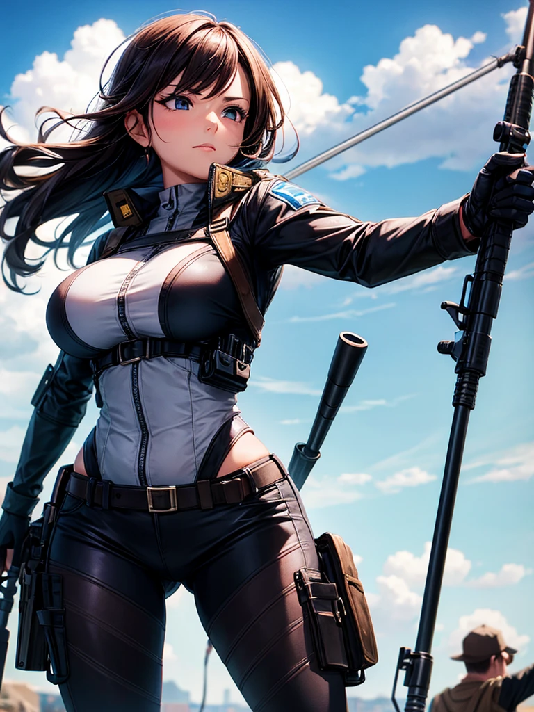 A busty woman aiming at someone with a sniper rifle.