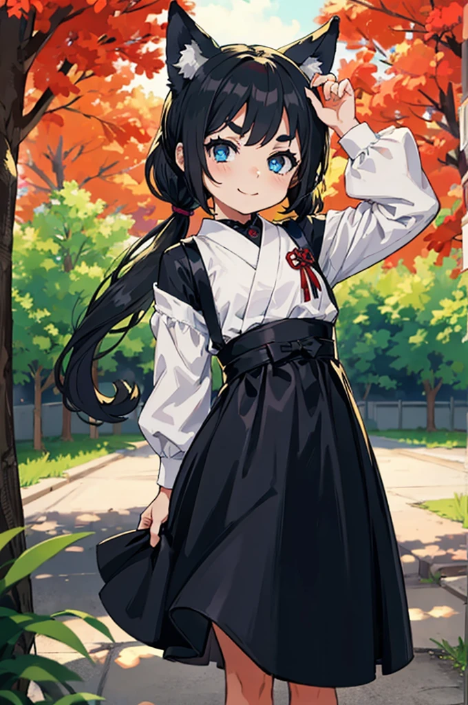 Young girl with black hair, long twintail, twintail hairstyle, (blue eyes), ((small bushy eyebrows)), (wolf ears up), wearing gothic lolita, lolicon clothes modern japanese priestess dress , going to school, dull eyes, dull face, going to school, flirtatious smile, small and perky breasts, in a park, wide hips, 