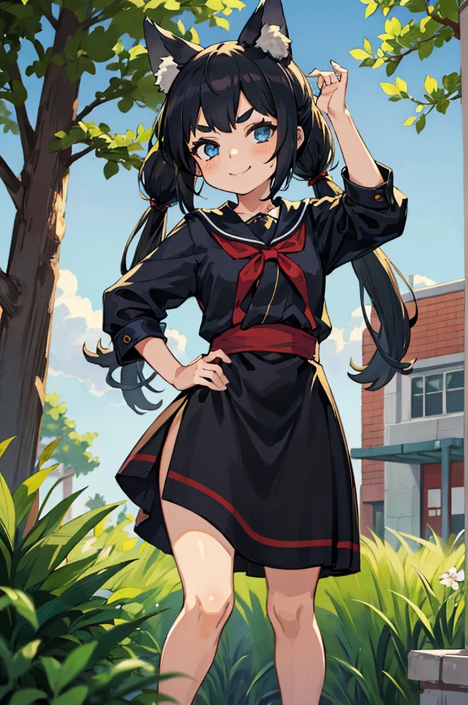 Young girl with black hair, long twintail, twintail hairstyle, (blue eyes), ((small bushy eyebrows)), (wolf ears up), wearing gothic lolita, lolicon clothes modern japanese priestess dress , going to school, dull eyes, dull face, going to school, flirtatious smile, small and perky breasts, in a park, wide hips, 