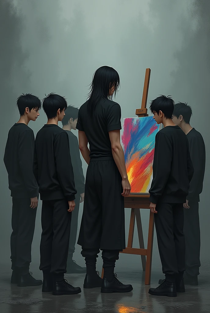 Handsome, realistic, muscular ager
Tall with long black hair , with black clothes and handsome , beardless
with a sad grayish background environment
with his 4 male friends and 2 female friends painting a colorful canvas , dressed all in black