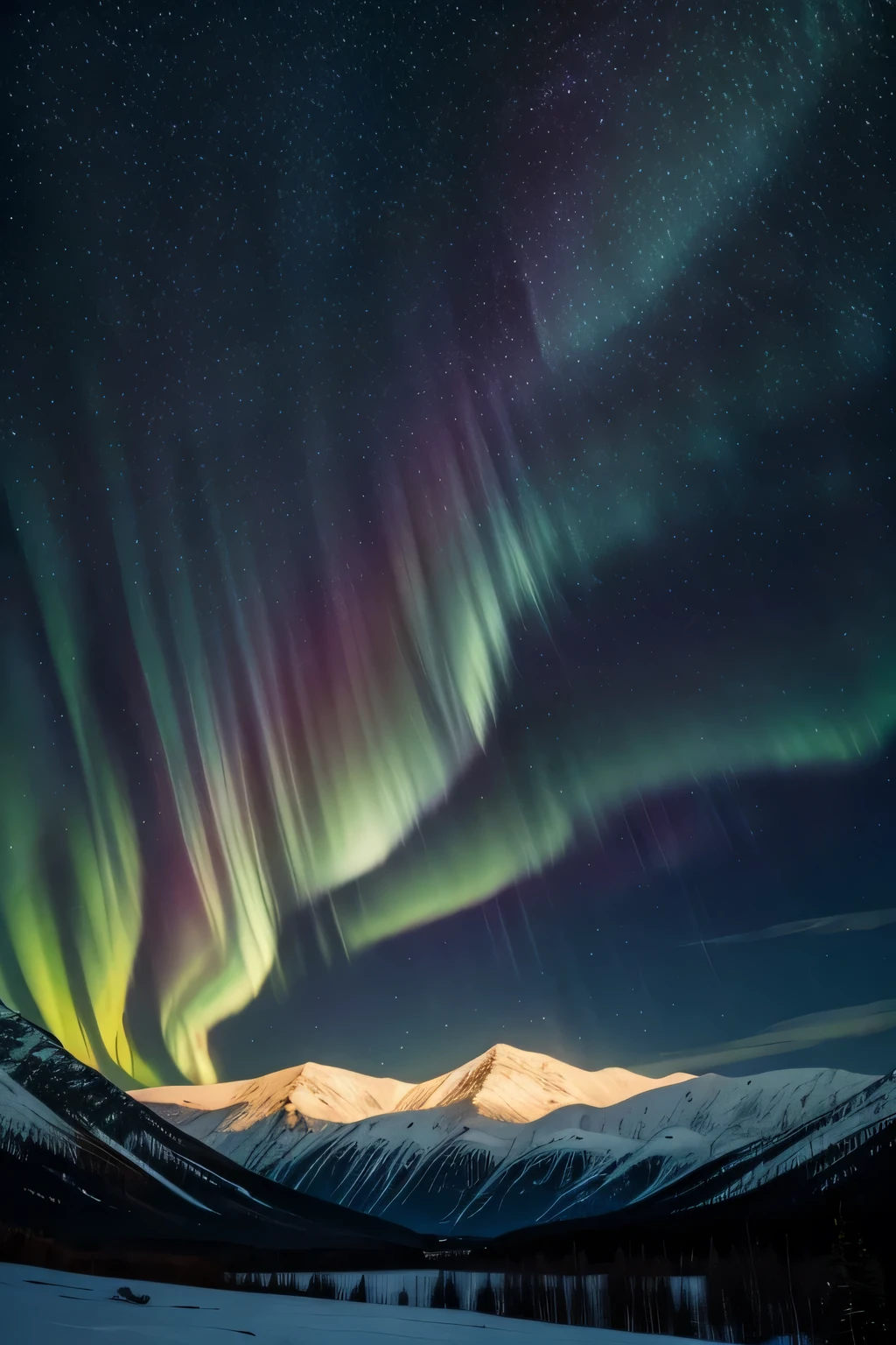 starry sky with northern lights and a huge moon and beautiful mountains