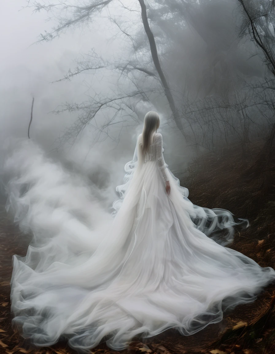 dress made of fog:1.2, msfg, fog, walkwoman:1.2, in the woods, fog background, high detailed, high quality, masterpiece, depth of field, full body shot, high resolution, 32k, dramatically over flown long and flowing white fog dress, silver long straight fog hair, hollowfication, from front