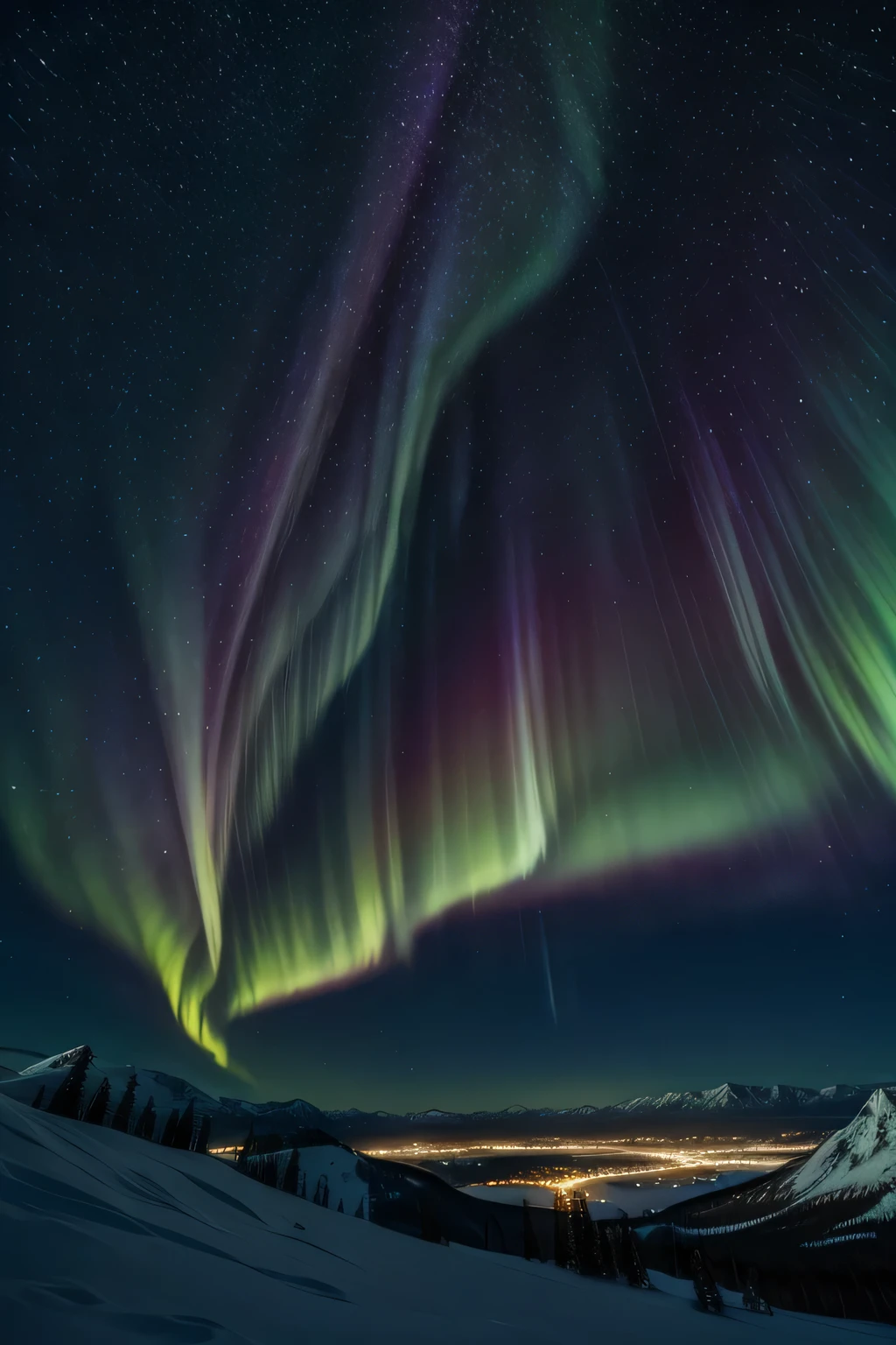 starry sky with northern lights and a huge moon and beautiful mountains