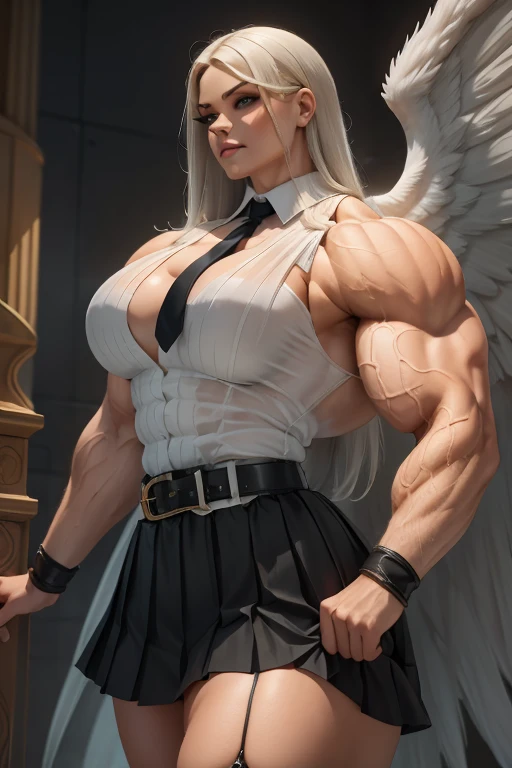 ((Close-up)), tall, (White hair) beautiful muscular woman, long straight hair, light brown skinned, closed smile, (black lipstick), (massive muscles), (hyper muscle), ((ginormous bulky muscles)), blue eyes, (((sleeveless white pleated shirt))), (giant angel wings), (((long black pleated skirt with belt))), fingerless gloves, necktie, thigh highs, on a skyscraper, 