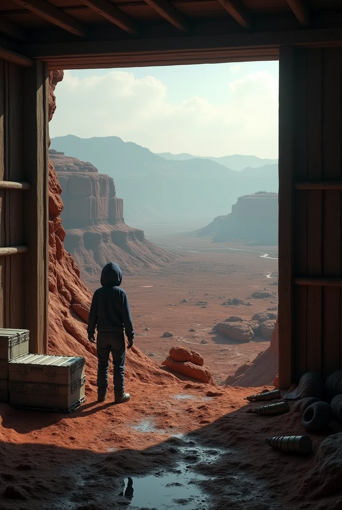 (8k),(masterpiece),Absurd, expensive, Very detailed, (One person:1.3),, break, Low lighting, Gloomy atmosphere, Dark Shadows, Subtle highlights, Mysterious Aura, break, Panoramic Photos, wide angle perspective, Breathtaking landscapes, Nice views, Huge scene, Visual depth, Breathtaking views, (Post-apocalyptic wasteland), (Red Rock Canyon), View from a wooden hut, ((View from the warehouse window)), In the foreground are ammunition boxes and tank shells.,nsfw