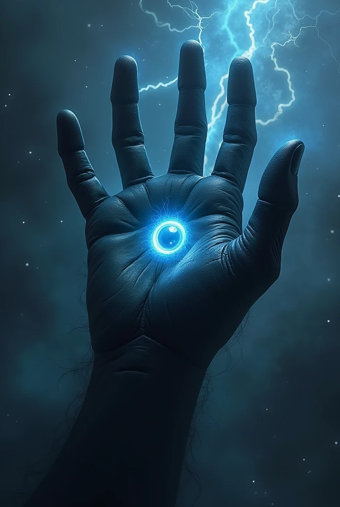 Lovecraftian-style space monster shaped like a disembodied hand palm., with four fingers pointing upwards, black and terrifying in color, floating through space, with a large blue eye in the middle, traversed by electricity.