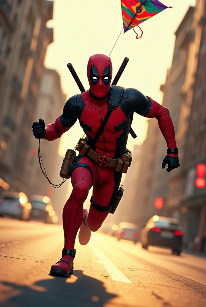 Deadpool running like Flash, with a kite in hand , pulling the string and with a 5pm afternoon sun, pulling the kite by the string