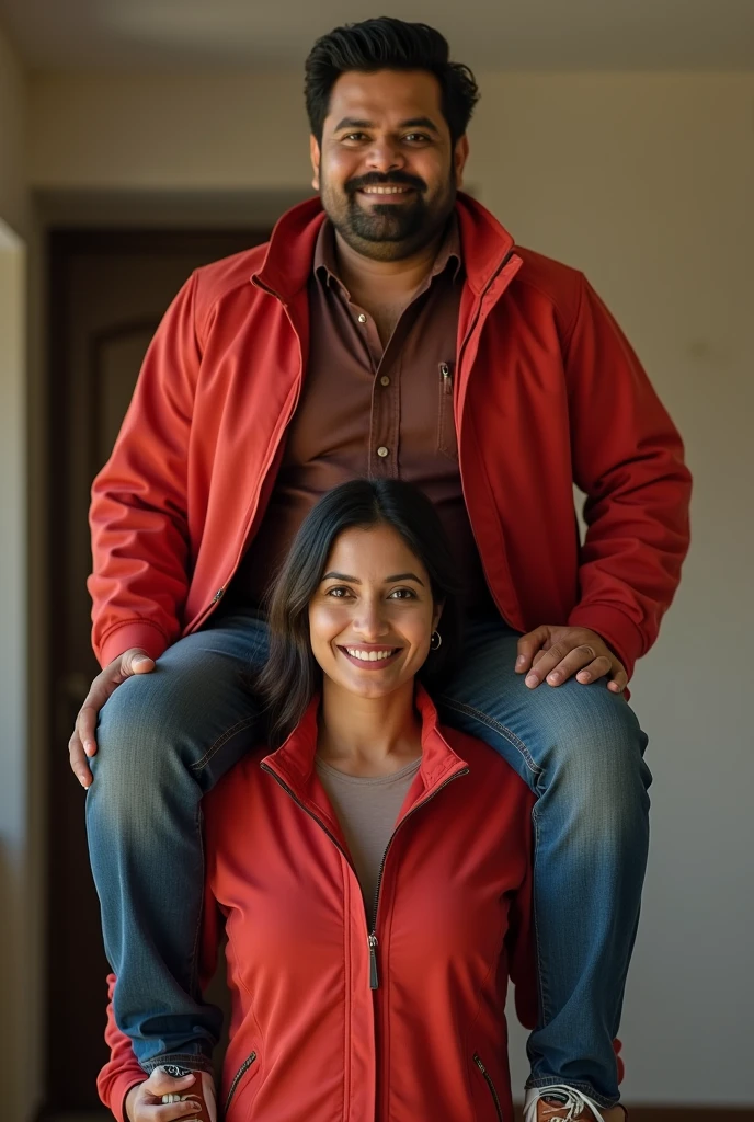 Create a realistic photograph of a smiling and beautiful indian actress in red jacket carrying a large man on her shoulders in a room, man is sitting on top of her shoulders , man on top, woman at bottom