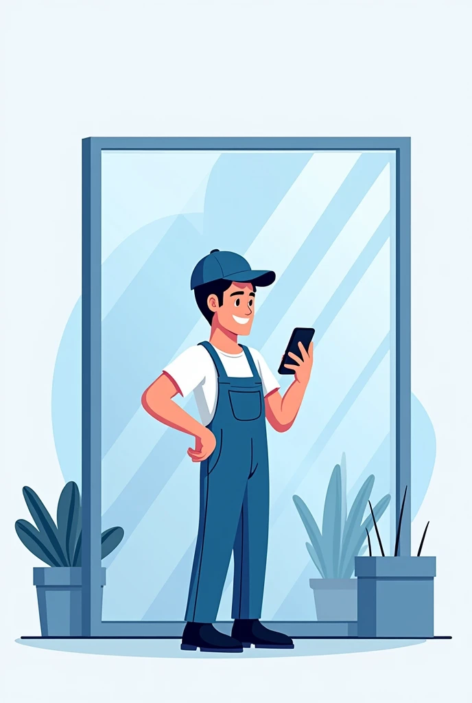 An Instagram art piece featuring a glazier with a cell phone to contact, using a blue, white, and black color palette., minimalista e em cartoon, glass theme